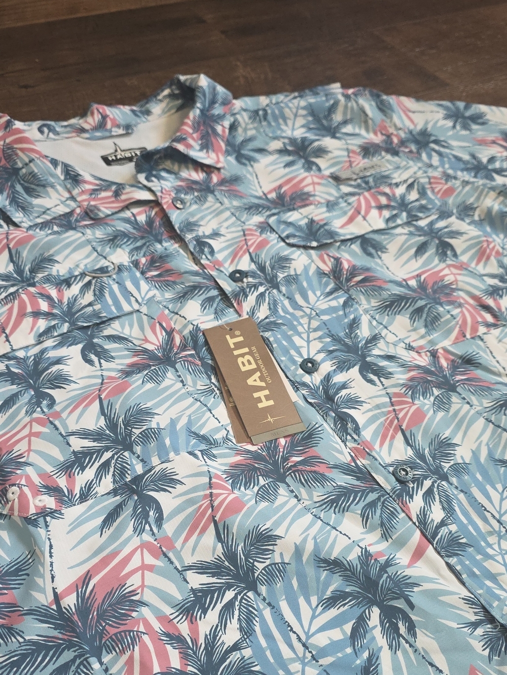 HABIT• Blue Tropical Palm Print Short Sleeve, Button Up Shirt - Picture 3 of 9